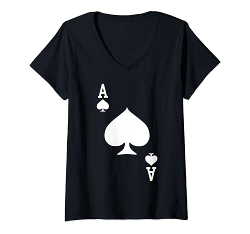 Damen Pik-Ass, Spielkarte, Halloween-Kostüm, weißer Text T-Shirt mit V-Ausschnitt Damen Pik-Ass, Spielkarte, Halloween-Kostüm, weißer Text T-Shirt mit V-Ausschnitt von Playing Cards Poker Group Costume Tees