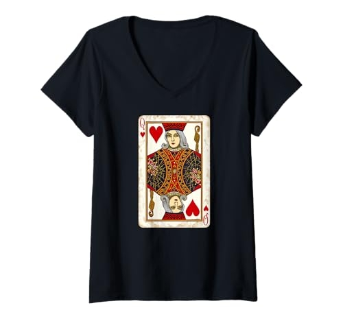 Damen Klassische Königin der Herzen T-Shirt mit V-Ausschnitt von Playing Cards Queen of Hearts Designs