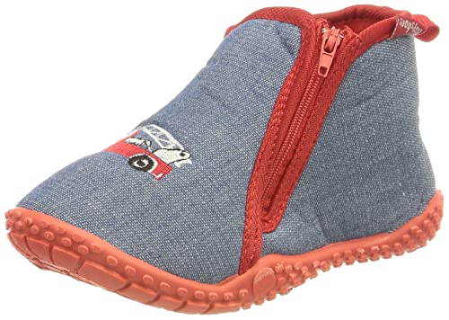 Playshoes Kinder Hausschuhe mit praktischem Reißverschluss Feuerwehr-Motiv,26/27 EU, Blau Jeansblau von Playshoes