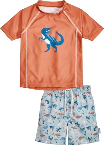 Playshoes Unisex Kinder UV-Schutz Bade-Set zweiteilig Schwimmshirt Badeshorts Badebekleidung, Dino Ocker, 110/116 von Playshoes