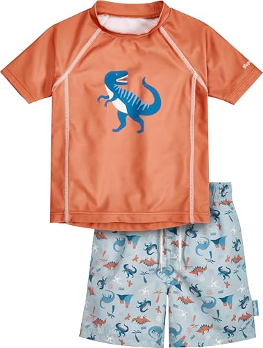 Playshoes Unisex Kinder UV-Schutz Bade-Set zweiteilig Schwimmshirt Badeshorts Badebekleidung, Dino Ocker, 122/128 von Playshoes