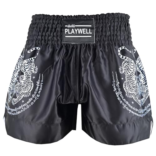 Playwell Muay Thai Twin Tiger Satin Sak Yant Wettkampf-Shorts, Schwarz/Weiß, Schwarz , M von Playwell