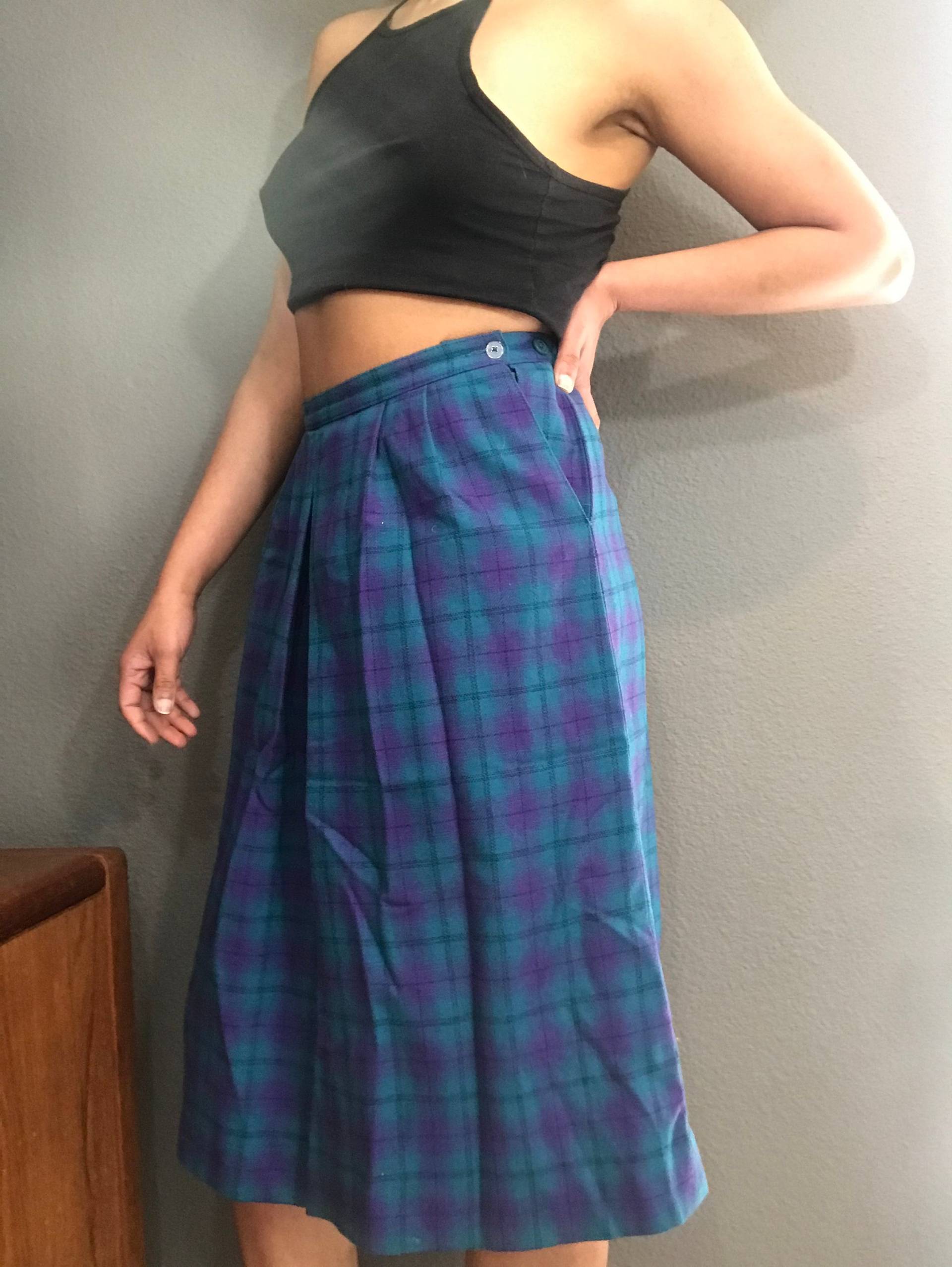 70Er Kariertes Pendleton Rock. 1970Er High Waist Lila Und Grüner Wollrock. Klein. Mittel von PleasantVintage