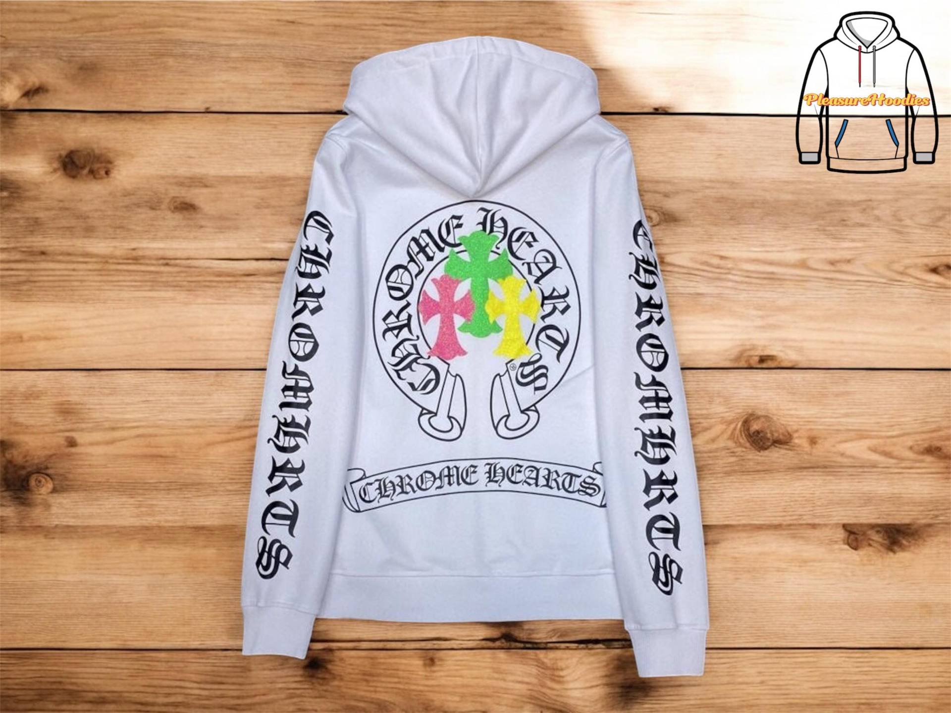 Pleasure Hoodies - Weißer Reißverschluss Hoodie Mit Drei Kreuzen Auf Dem Rücken von PleasureHoodies