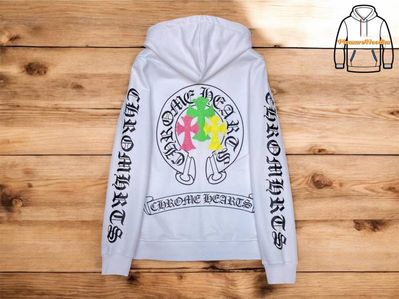 Pleasure Hoodies - Weißer Reißverschluss Hoodie Mit Drei Kreuzen Auf Dem Rücken von PleasureHoodies