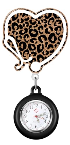 Plifal Taschenuhr für Krankenschwestern, mit Sekundenzeiger, einziehbar, mit Sekundenzeiger, für medizinisches Personal, Damen, Herren, Leopardenherz von Plifal