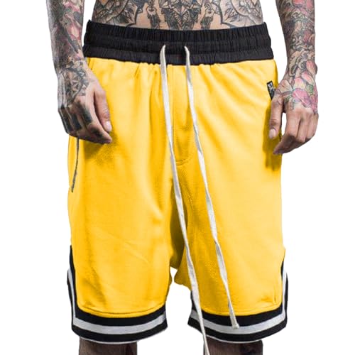 Plilima Atmungsaktive Basketball-Shorts für Herren, leicht, für Fitnessstudio, Boxen, Netzstoff, schnell trocknend, mit Reißverschlusstaschen, gelb, L von Plilima