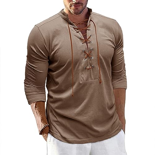 Plilima Henley Shirt Herren Mittelalter Hemd Stehkragenhemd Schnürhemd Hemden Freizeithemden Langarm T-Shirt von Plilima