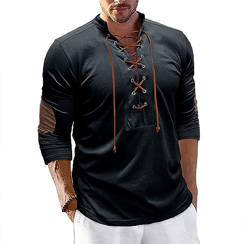 Plilima Henley Shirt Herren Mittelalter Hemd Stehkragenhemd Schnürhemd Hemden Freizeithemden Langarm T-Shirt von Plilima