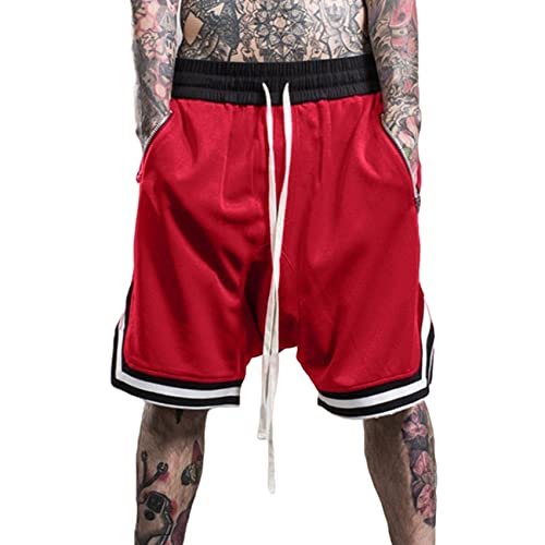 Plilima Herren-Basketball-Shorts, atmungsaktiv, leicht, für Fitnessstudio, Boxen, schnell trocknend, mit Reißverschlusstaschen, rot, L von Plilima
