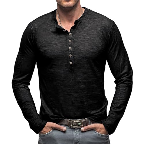 Plilima Herren Hemden Langarm Henley Shirt Herren Vintage Hemd Männer T-Shirt Herren Freizeithemden Herren Schwarz L von Plilima