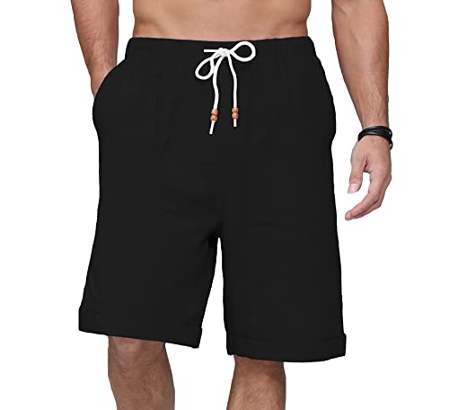 Plilima Leinenhose Herren Kurz -Herren Kurze Hosen Sommer Beach Leinen Shorts Casual mit 4 Taschen Schwarz 3XL von Plilima