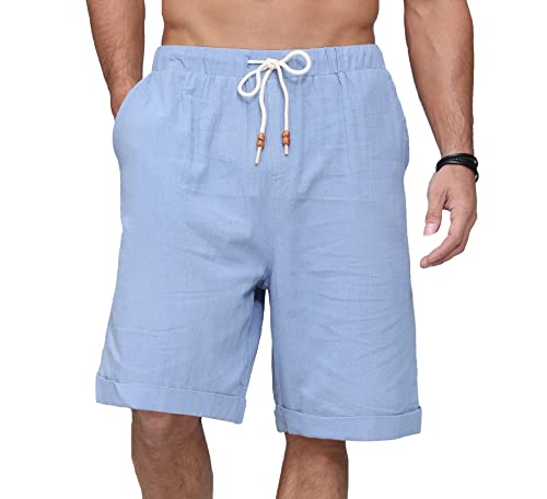 Plilima Leinenhose Herren Kurz -Herren Kurze Hosen Sommer Beach Leinen Shorts Casual mit 4 Taschen Hellblau 3XL von Plilima