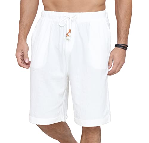 Plilima Leinenhose Herren Kurz -Herren Kurze Hosen Sommer Beach Leinen Shorts Casual mit 4 Taschen Weiß 4XL von Plilima