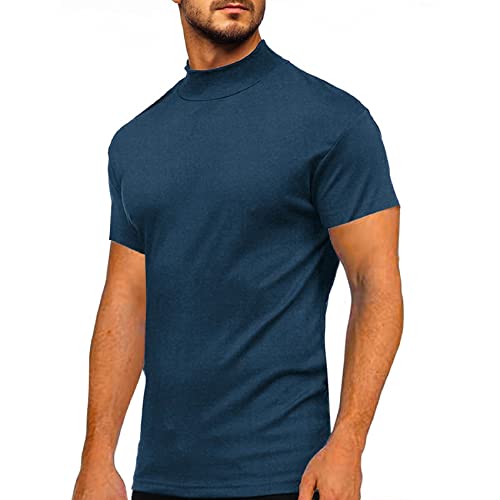 Plilima Herren Rollkragen-T-Shirt Kurzarm Baumwolle Unterhemd Slim Fit Solid Tops, Blau 1, XL von Plilima