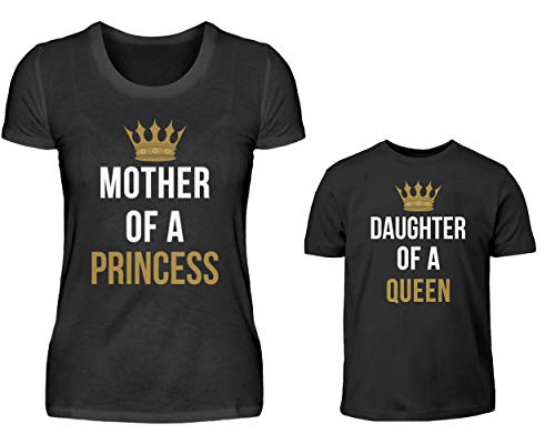 Mutter Tochter Partnerlook T-Shirt Set, Mother of A Princess Und Daughter of A Queen, Mama Kind Partnershirts von PlimPlom