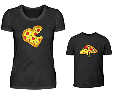 Mutter Tochter Sohn T-Shirt Partnerlook Set Pizza Und Pizzastück Mama Sohn Tochter Partneroutfit Partnershirts (Schwarz) von PlimPlom