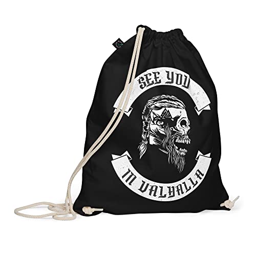 PlimPlom Wikinger Turnbeutel Aus Baumwolle In Schwarz - See You In Valhalla Totenkopf Valknut Stoffbeutel - Viking Tasche von PlimPlom