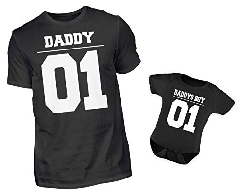 Vater Baby Partnerlook Set Daddy 01 Und Daddys Boy 01 T-Shirt Und Baby Body Kurzarm Strampler Für Den Sohn von PlimPlom