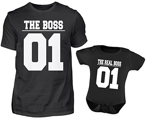 Vater Baby Partnerlook Set - Herren Shirt Und Baby Body Kurzarm - Papa Baby Partnerlook - Papa Baby Geschenk - Vater Baby Outfit - Vatertag (The Boss The Real Boss) von PlimPlom