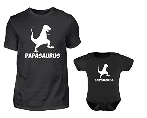Vater Baby Partnerlook Set Lustiges Dinosaurier T-Shirt Und Baby Body Kurzarm Strampler Für Den Sohn Oder Tochter Papasaurus Und Babysaurus (Schwarz) von PlimPlom