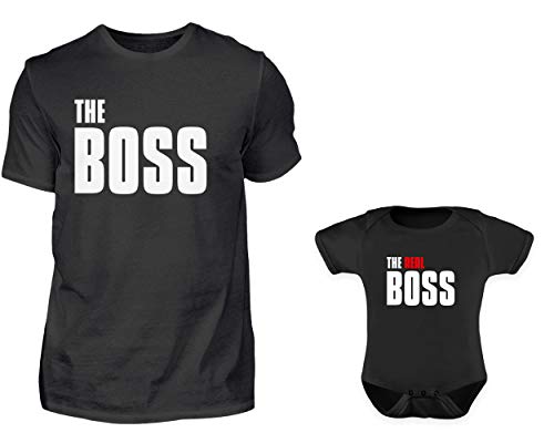 Vater Baby Partnerlook Set - Papa Baby Partnerlook T-Shirt Und Baby Body Kurzarm Strampler - The Boss The Real Boss - Papa Geburtstag Geschenk Idee (Baby 0-3 Monate) von PlimPlom