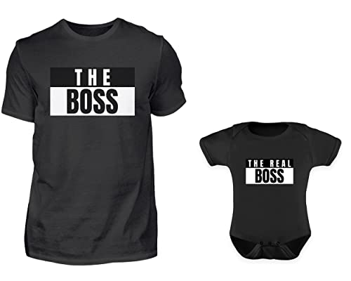 Vater Baby Partnerlook Set T-Shirt Und Baby Body Kurzarm Strampler The Boss The Real Boss | Vater Sohn Geschenk von PlimPlom