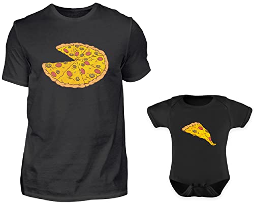 Vater Baby Partnerlook Set T-Shirt Und Baby Body Kurzarm Strampler Für Den Sohn Oder Tochter Pizza Stück | Vater Sohn Geschenk (Schwarz) von PlimPlom