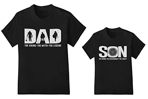 Vater Sohn Partnerlook T-Shirt Set The Legend Und The Legacy Papa Kind Wikinger Partnershirts von PlimPlom