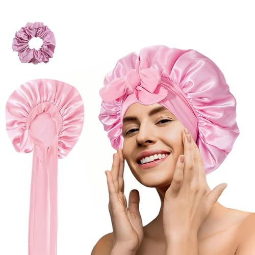 Seidensatin Duschhaube, Seidenhaube zum Schlafen, Haarwickel zum Schlafen, Haarpflege Kopfbedeckung Hut und Haarband, für Frauen Mädchen langes, glattes, lockiges Haar, Rosa von Plorede