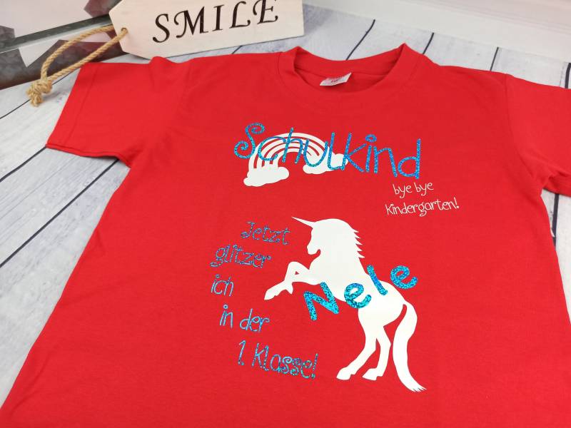 T-Shirt Einschulung Schulkind Mädchen Einhorn Rot Türkis Weiß Schulstart 1. Schultag Geschenk Schultüte von Plotterlaune