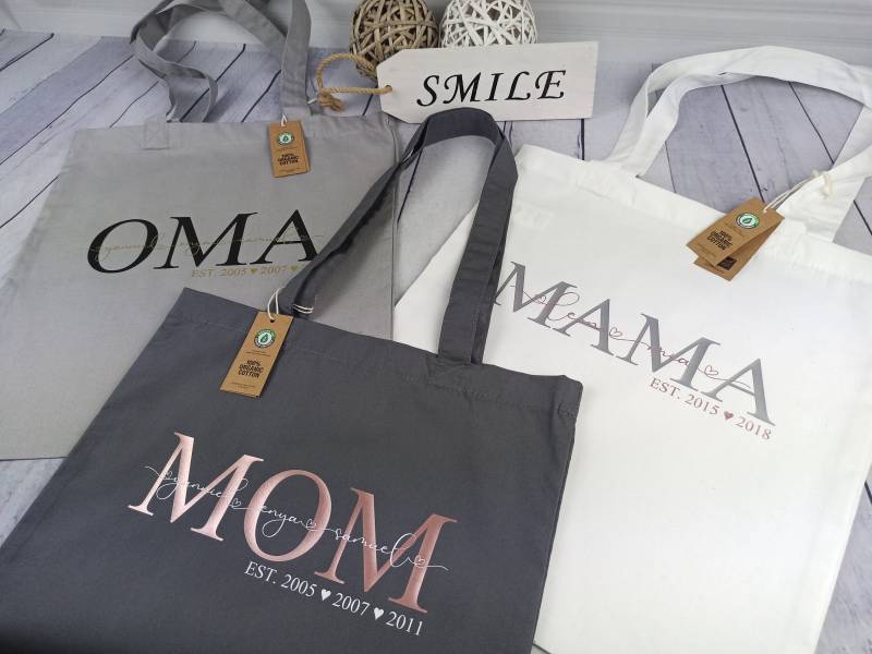 Tragetasche Mom Oma Mama Patentante Mit Kindernamen Geburtsjahr Est. Premium Bio Baumwolle Einkaufstasche Jutebeutel Stofftasche Stoffbeutel von Plotterlaune