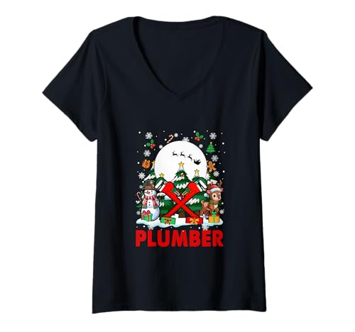 Damen Klempner Job Tools Weihnachtsmann Schneemänner Rentier Weihnachtsbäume T-Shirt mit V-Ausschnitt Damen Klempner Job Tools Weihnachtsmann Schneemänner Rentier Weihnachtsbäume T-Shirt mit V-Ausschnitt von Plumber Christmas Costume
