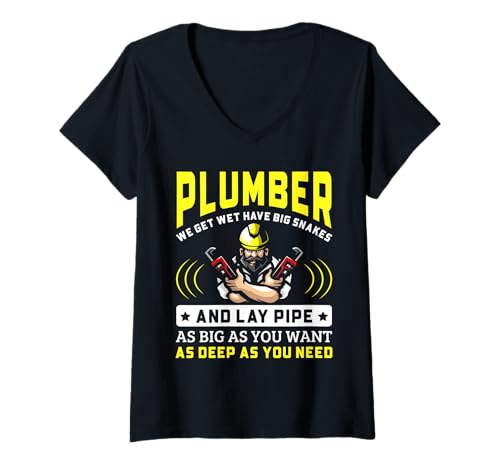Damen Lustiges Klempner-Zitat "Legepfeife" mit großer Schlange T-Shirt mit V-Ausschnitt von Plumber Gifts Store Co.