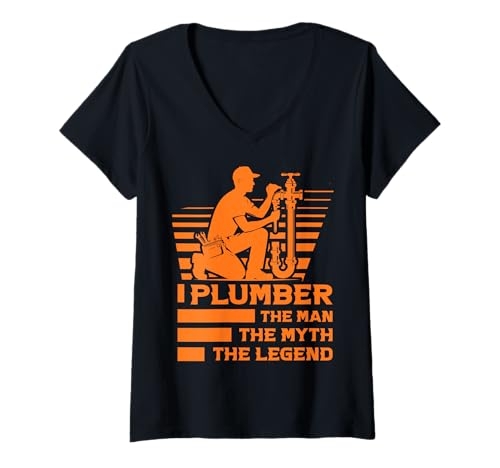 Damen Klempner der Mann der Mythos die Legende T-Shirt mit V-Ausschnitt von Plumbing Hero Tee for Dads and Trades