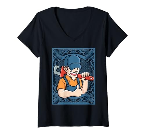 Damen Lustiger Klempner T-Shirt mit V-Ausschnitt von Plumbing Hero Tee for Dads and Trades