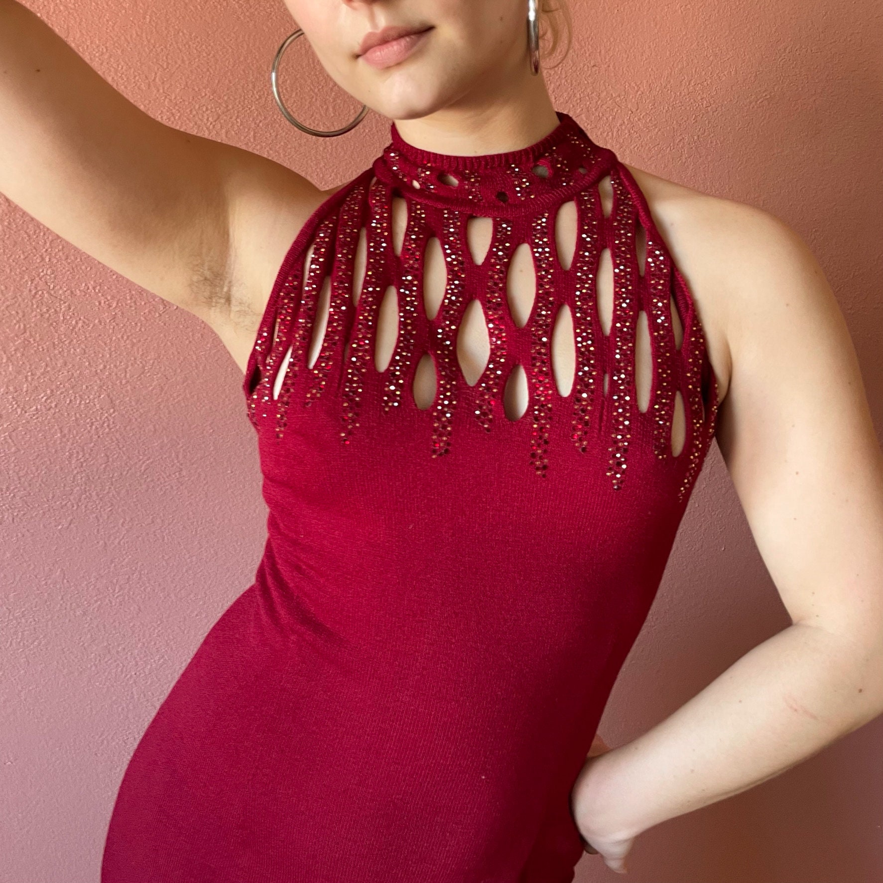 1990S St. John Abendkleid - Strassausschnitt-Rotes Maxikleid von PlumeVintageBoutique