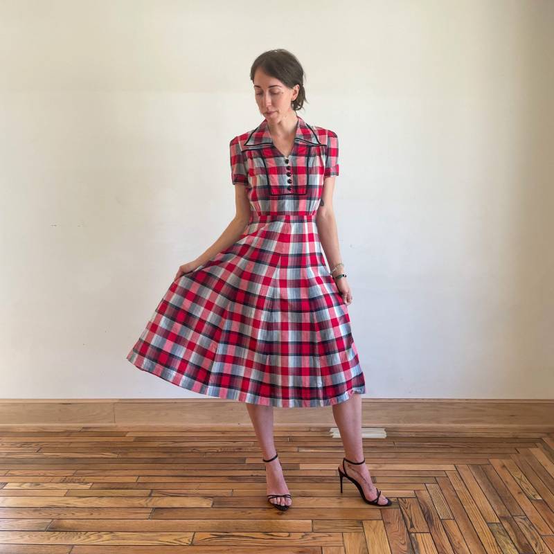 40Er Jahre Kariertes Baumwoll Midi Kleid - Rockabilly Vollrock von PlumeVintageBoutique