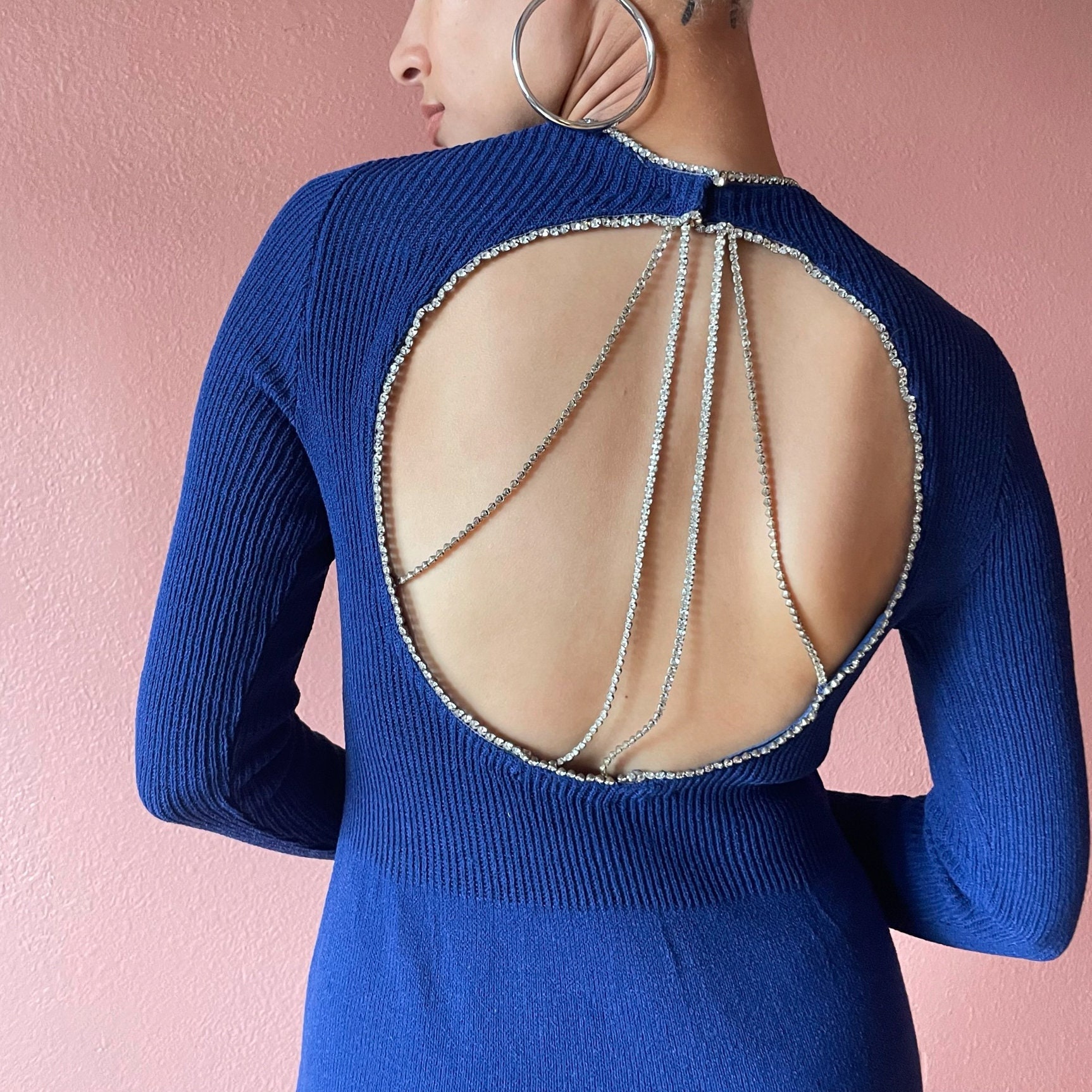 60Er Jahre Navy Strick-Maxikleid - Strasskleid von PlumeVintageBoutique