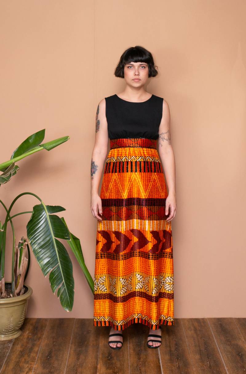 70Er Jahre Geometrisch Print Maxi Kleid Boho von PlumeVintageBoutique