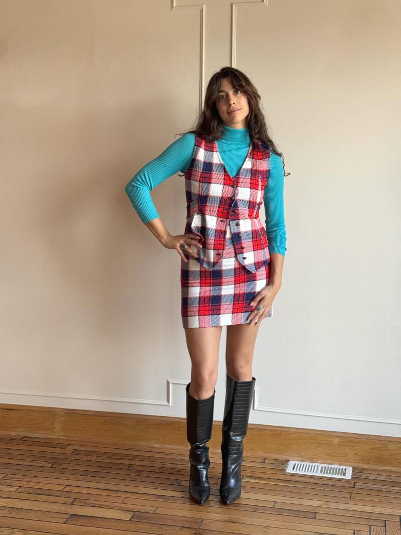 70Er Jahre Karierter Wollrock Anzug Set - Tartan Mini Rock & Weste von PlumeVintageBoutique