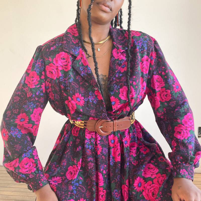 80Er Jahre Floral Midi Kleid - Rosa Rosen Print, Starke Schulter 80Er Jahre Floral Midi Kleid - Rosa Rosen Print, Starke Schulter von PlumeVintageBoutique