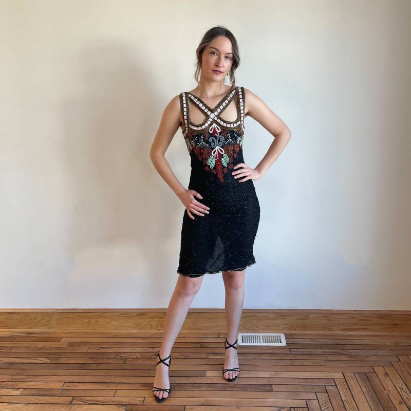 80Er Jahre Perlen Minikleid - Urlaubs Mistletoe Silk Party Dress von PlumeVintageBoutique