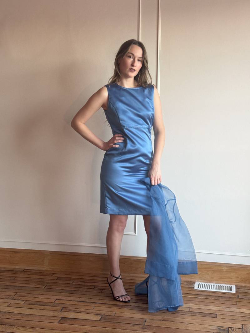 80Er Jahre Blaues Satin Dress Set - Organza Jacke, Minimalist Stil von PlumeVintageBoutique