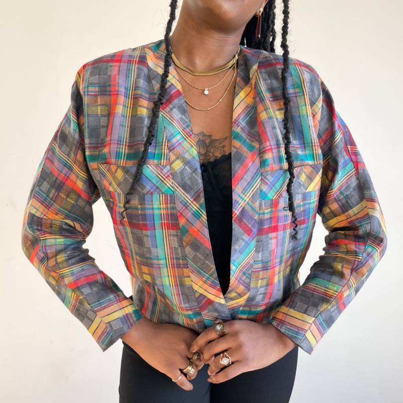 80Er Jahre Karierter Leinen Blazer - Kragenlose Jacke Mit Dolman Ärmel von PlumeVintageBoutique