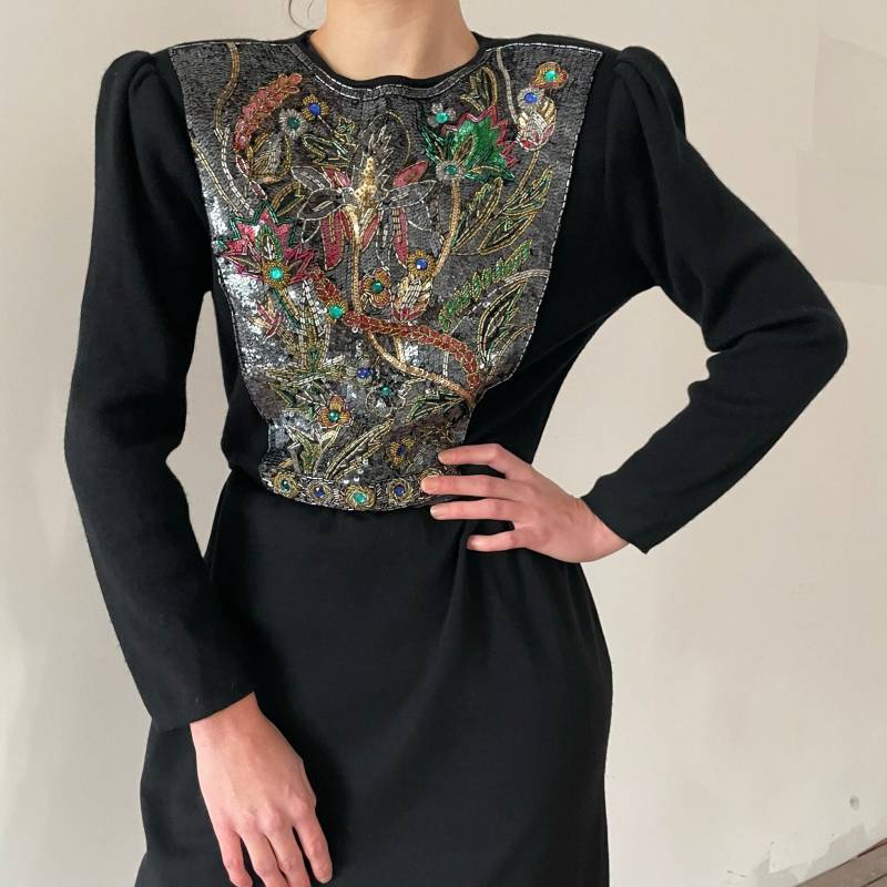 80Er Jahre Pailletten-Wollkleid - Florales Statement, Urlaubsparty von PlumeVintageBoutique