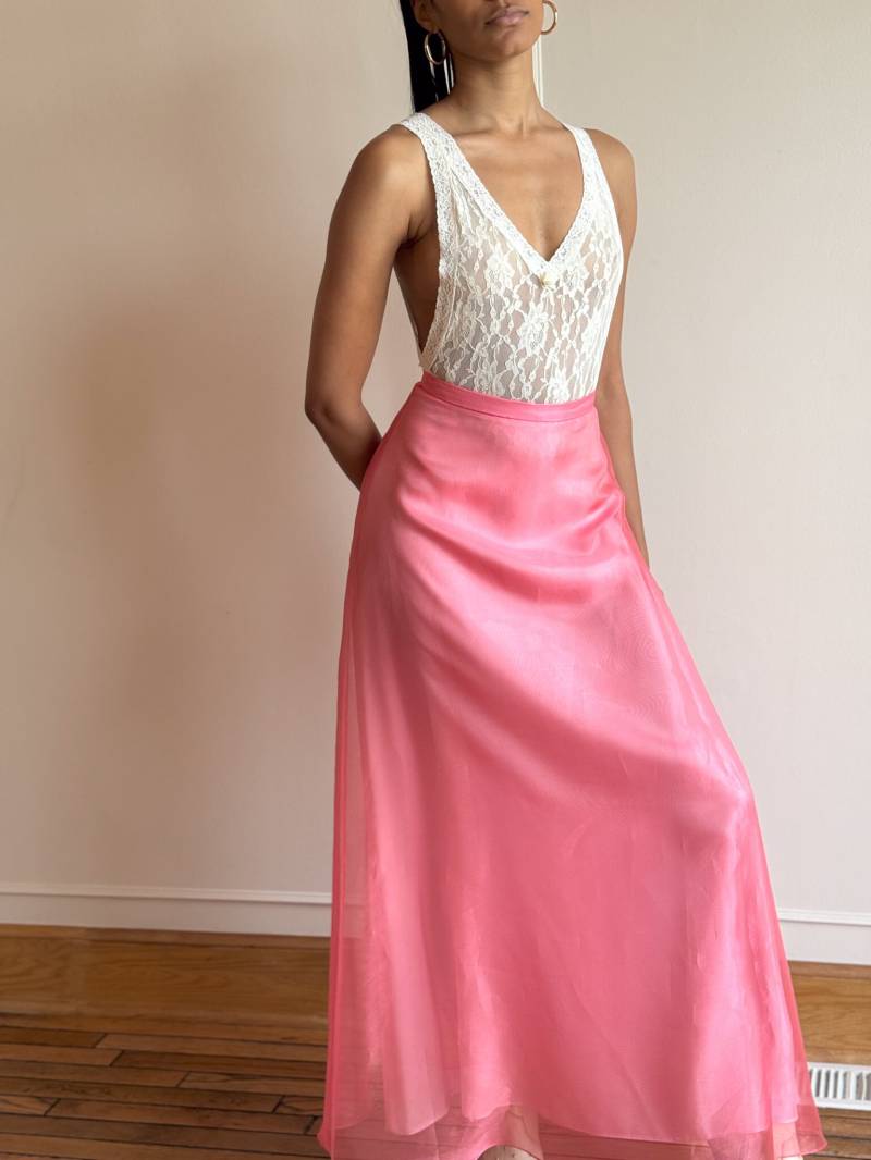 90S Rosa Chiffon Maxi-Rock - High Waist Tüll-Overlay M von PlumeVintageBoutique