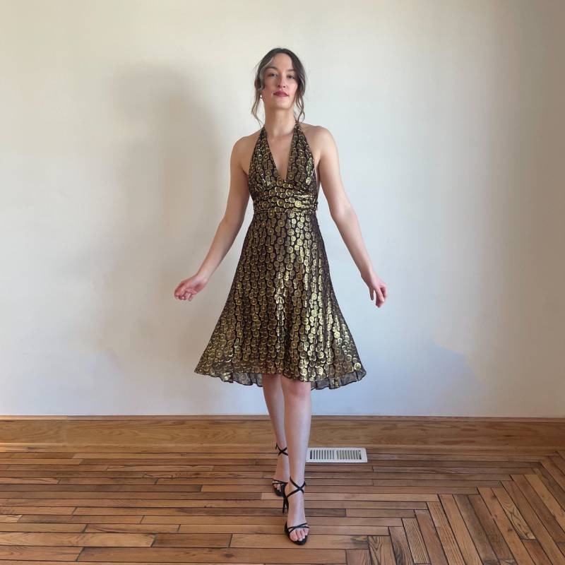 90Er Kleid Gold Metallic Braun Burgund Neckholder Top Midi Abstrakte Gepunktet Urlaubsparty Nye von PlumeVintageBoutique