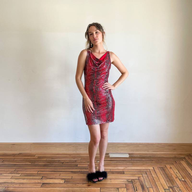90Er Jahre Schlangenleder Pailletten Minikleid - Rotes & Schwarzes Partykleid Mit Wasserfallausschnitt von PlumeVintageBoutique