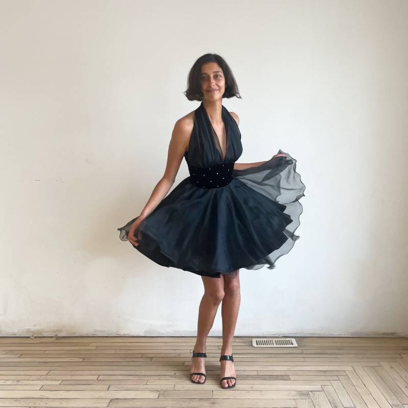 90Er Jahre Schwarzes Samt-Trägerkleid - Strass-Organza-Party Mini von PlumeVintageBoutique